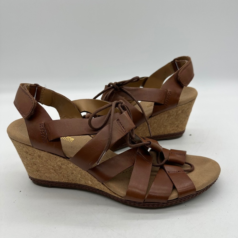 Clarks 261247694065 Womens Size 9 Helio Mindin Brown Leather Cork Wedge Sandals